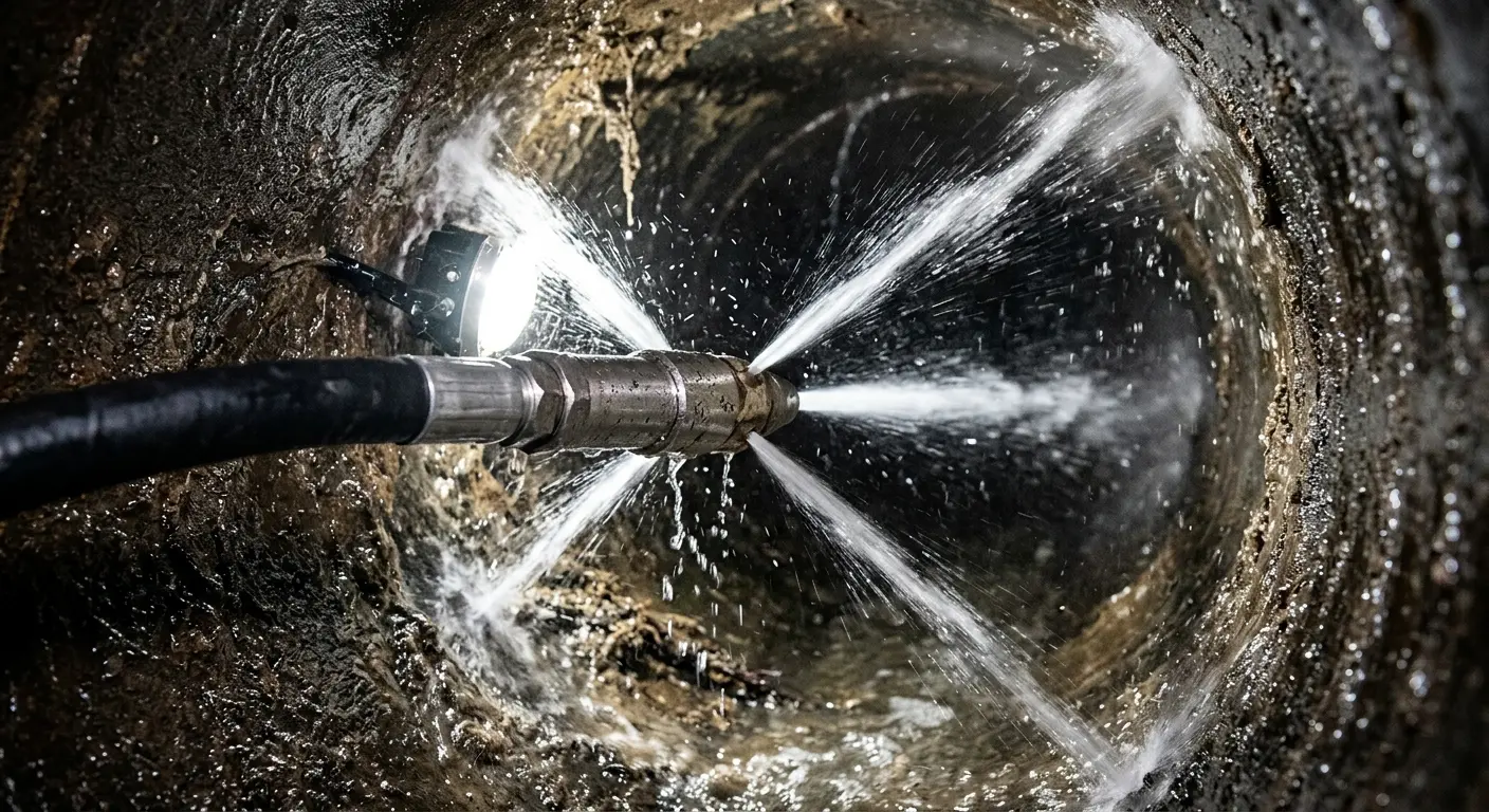 High-pressure hydro jetting nozzle cleaning sewer pipe for Trenchless Sewer Repair in Morristown